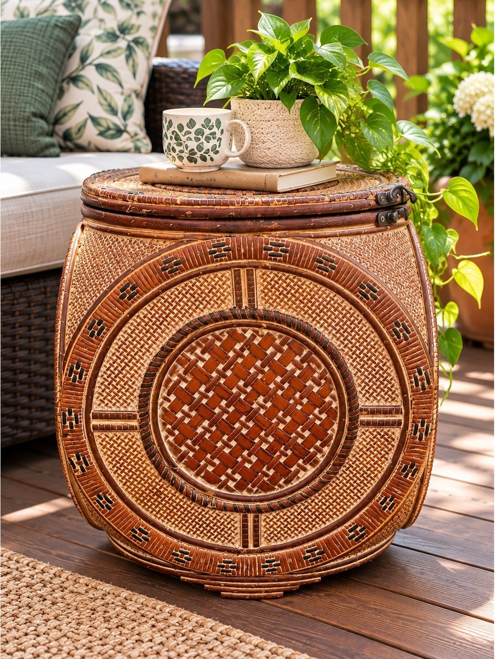 Round Woven Wicker Storage Basket w/ Lid & Metal Latch Brown Beige Black 17in